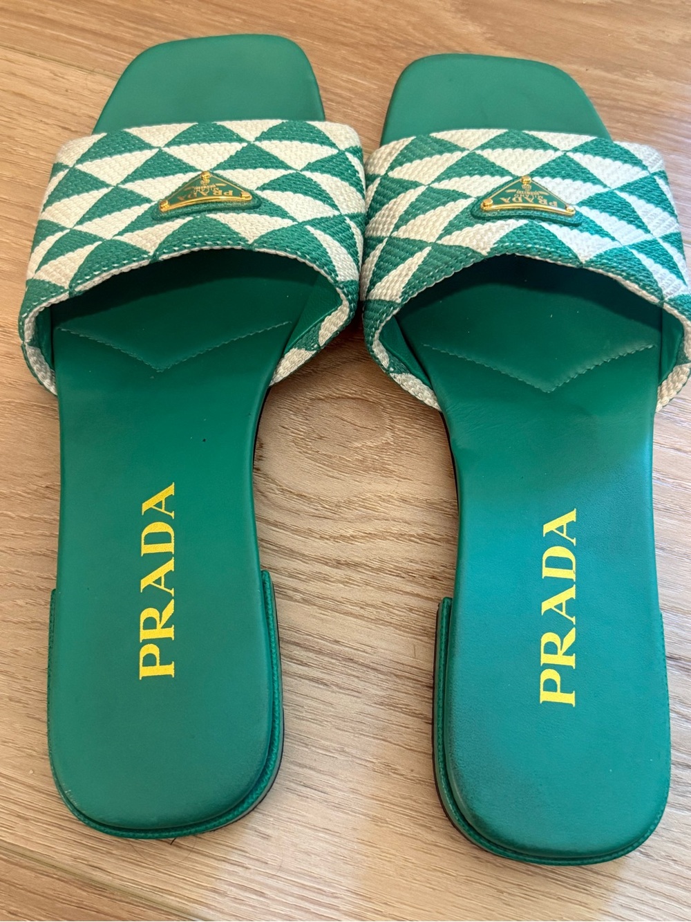 Authentic Prada Green and White Geometric Slide Mules - Picture 4 of 11